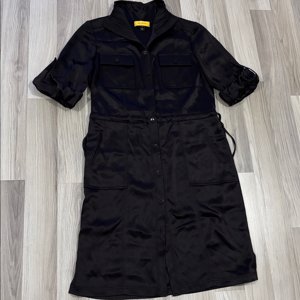 St. John Black Satin‎ Button Down 3/4 sleeves Midi Dress Size 10 - Picture 16 of 16
